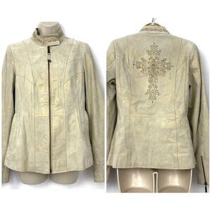Powder River Panhandle Slim Leather Jacket Small Beige Studded Embroidered Cross